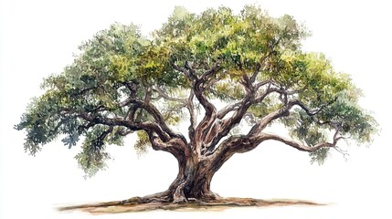 Watercolor illustration of an ancient tree with lush branches and leaves isolated on a white background