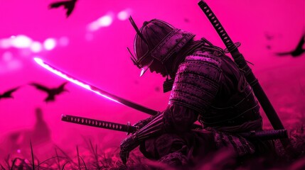Stunning image of futuristic samurai in armor rests in vibrant pink landscape, wielding glowing katanamidst flying bird silhouettes, blending tradition and modernity.