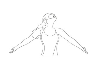 Continuous one line drawing happy woman stretched her arms out to sides, relaxation and breathing exercise. Person stretching as symbol of freedom and openness to world. Vector illustration