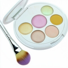Colorful powder palette with a brush, showcasing a range of soft pastel shades on a white background