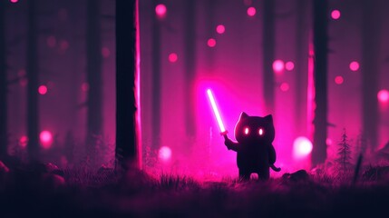 Whimsical digital scene in mystical forest glows with pink and purple lights. adorable cat-like character wields glowing saber amidst soft, floating orbs, inviting adventure.
