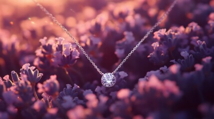 Elegant diamond necklace on a bed of vibrant lavender flowers, capturing the essence of beauty and nature in a stunning springtime setting with soft bokeh effect