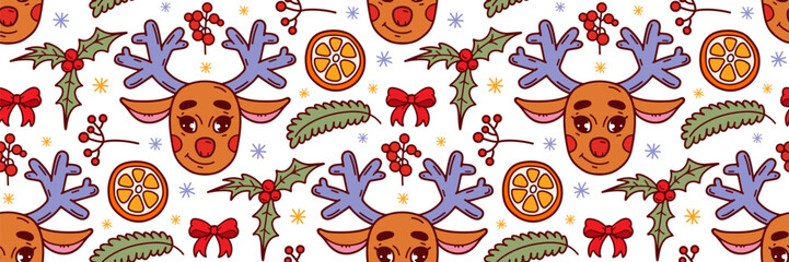 Christmas deer and decoration seamless pattern. Holly, branches of fir and orange doodle clip art. Festive winter background. For holidays, wrapping paper, packaging. Horizontal Vector illustration.