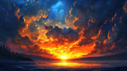 Fototapeta premium Vibrant sunset with dramatic orange and fiery clouds silhouetted against a deep blue sky, reflecting beautifully over a calm water surface.