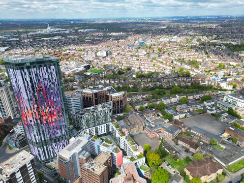Buildings at West Croydon London Capital City Tour. Central London of England of UK. Aerial Footage Was Captured with Drone's Camera on April 24th, 2024
