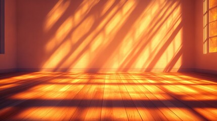 Bright white room with wooden flooring, illuminated by sunlight casting intricate shadows on the walls, creating a warm and inviting atmosphere.