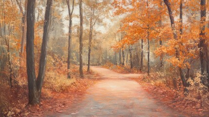 Fototapeta premium Scenic autumn forest pathway surrounded by vibrant orange trees and scattered reddish-brown maple leaves, creating a tranquil and picturesque park atmosphere, ideal for nature lovers.