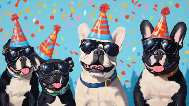 Group of cheerful French Bulldogs in party hats and sunglasses, surrounded by colorful confetti against a bright blue backdrop, ideal for festive celebrations.