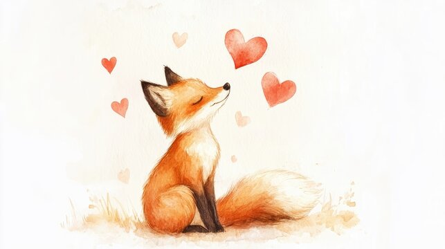 Whimsical watercolor illustration of a delightful fox with hearts, radiating love, ideal for romantic greeting cards and affectionate messages.