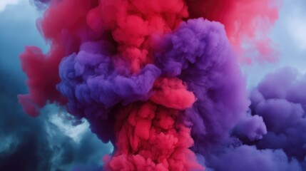Obraz premium Vivid red and purple smoke billowing upwards, contrasting against a dark, dramatic sky with hints of cloud formations.