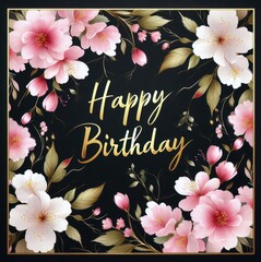 Colorful floral birthday card with pink flowers and elegant lettering.