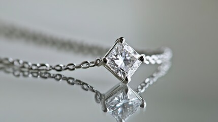 Elegant and Sparkling Diamond Pendant on Delicate Silver Chain with Reflections and Soft Background for Luxury Jewelry Collection or Photography Showcase