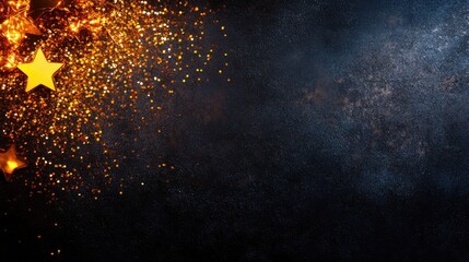 Festive dark backdrop adorned with shimmering confetti and golden stars, ideal for Christmas-themed designs with space for personalized text.