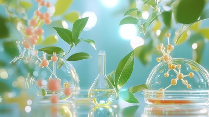Beautiful laboratory scene with glassware, colorful molecules, and fresh green leaves creating a harmonious blend of science and nature in a vibrant setting
