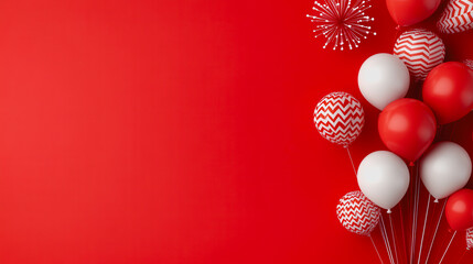 Festive Red Background with Colorful Balloons and Sparkling Fireworks for Celebration, Party, Event, or Holiday Decorations and Themes in Vibrant Style