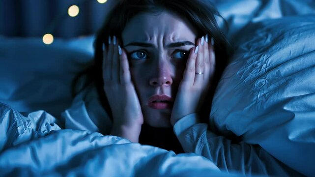 woman in bed late trying to sleep suffering insomnia, sleepless or scared in a nightmare, looking sad worried and stressed. Tired and headache or migraine waking up in the middle of the night.