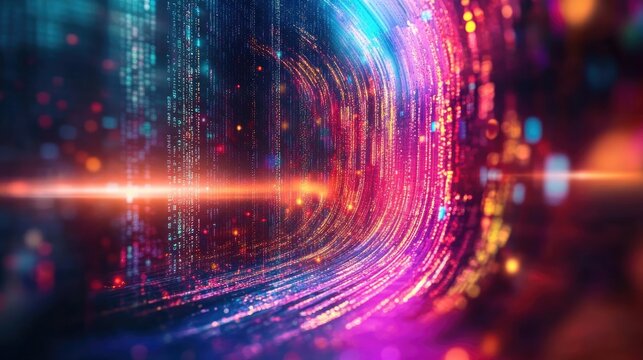 Dynamic visualization of data-driven decision making with vibrant analytics and colorful light trails representing information flow and insights.