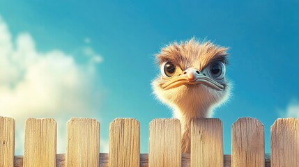 Ostrich head close-up against a clear blue sky, curiously peering over a wooden fence with ample space on the right for text insertion