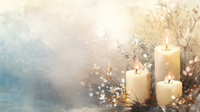 Serene background with soft pastel tones and flickering candles surrounded by delicate flowers, perfect for commemorative events and remembrance occasions.