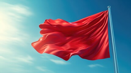 Vivid red flag billowing in a clear blue sky with soft clouds, minimalist composition allowing for customizable text placement.