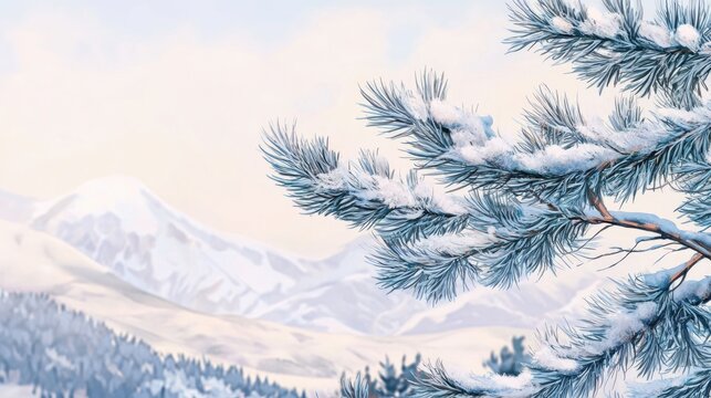 Snow-covered evergreen branch with frosty tips set against a serene winter landscape featuring soft mountains and a pale blue sky. Perfect for holiday cheer.