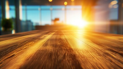 Panoramic view of a polished wooden countertop with warm sunlight illuminating the space, creating a bright and airy atmosphere for product display.