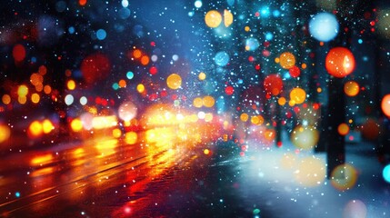 Obraz premium Dreamy winter street scene with blurred festive lights and falling snow, creating a vibrant and abstract atmosphere of seasonal celebration.