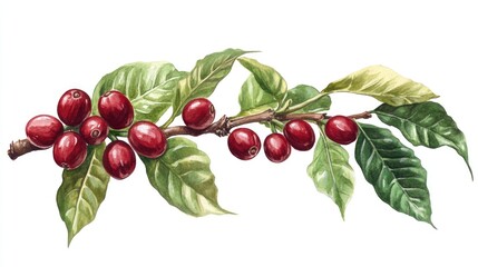 Ripe coffee cherries with glossy red skins nestled among vibrant green leaves on a coffee branch, showcasing the natural beauty of coffee cultivation.