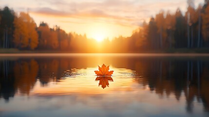 Autumn leaf floating serenely on a tranquil lake at sunset