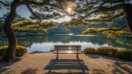 Obraz premium Serene Landscape with Tranquil Lake, Peaceful Park Bench, Lush Green Trees, and Beautiful Sunlight Reflection, Inspiring Nature Scene for Relaxation and Reflection