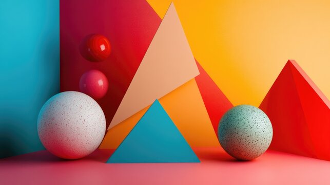 Vibrant modern abstract composition featuring geometric shapes and colorful spheres against a bold backdrop, inspiring creativity and visual intrigue.