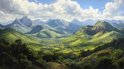 Fototapeta premium Vast mountainous landscape featuring dramatic peaks surrounded by lush greenery under a bright sky filled with puffy white clouds.