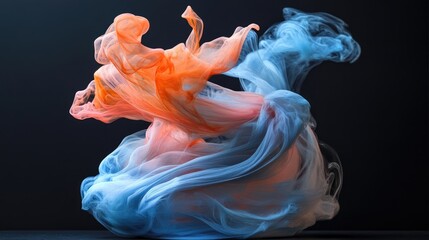 Fototapeta premium Elegant swirling dance of blue, orange, and pink inks gracefully merging against a striking dark backdrop, showcasing vibrant color contrasts and fluid motion.