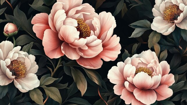 Peony blossoms in soft pink hues intricately layered with lush dark foliage, set against a rich black backdrop, embodying baroque elegance and vibrancy.