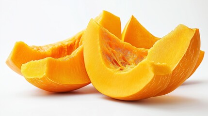 Fresh whole, half and sliced nutmeg pumpkins on a white background with space for text