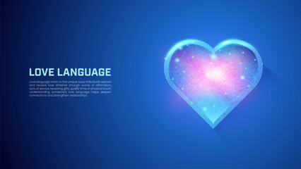 Digital Heart on dark blue background, futuristic glowing heart wireframe with connected dots suitable for illustrations of love, charity, social events and volunteering.