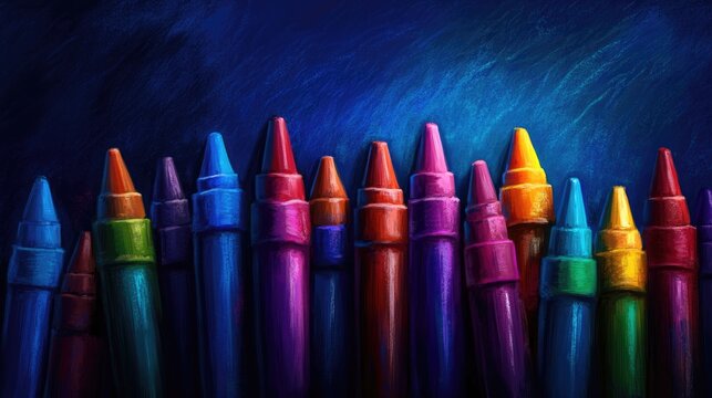 Colorful crayon tips arranged in a row against a dark blue backdrop, creating a vivid school-themed illustration with a playful artistic flair.
