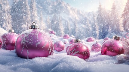 Vibrant Christmas scene with glossy pink ornaments nestled in soft snow against a backdrop of frosted trees and a shimmering winter landscape.