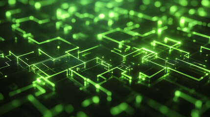Glowing green geometric shapes forming a maze-like structure, representing the complex architecture of an artificial intelligence brain in action. 