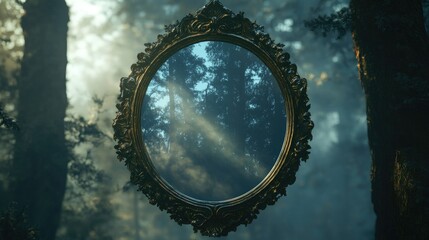 Enchanted Forest Reflection: A Vintage Mirror Surrounded by Ethereal Light and Trees, Capturing the Mystical Atmosphere of Nature's Beauty and Tranquility