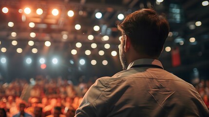 Fototapeta premium Man giving presentation to large audience in a conference hall.