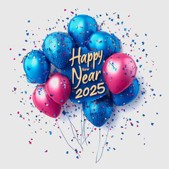 Colorful Balloons with Confetti Celebrating New Year 2025, Featuring Blue and Pink Balloons and Festive Decorations for Joyful Celebrations and New Beginnings
