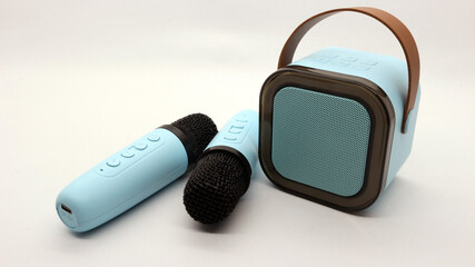 Blue wireless bluetooth microphone and speaker
