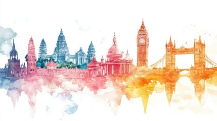 A Vibrant Watercolor Skyline Featuring Iconic Landmarks from Around the World Including Tower Bridge, Big Ben, and Ancient Temples in a Stunning Artistic Representation