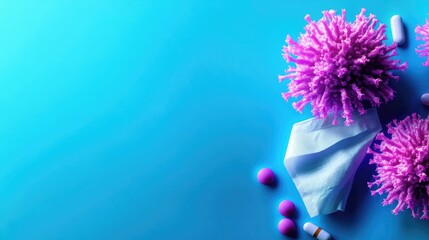 Antiseptic napkin and assorted pills next to purple coronavirus models on a vibrant blue background emphasizing virus prevention measures