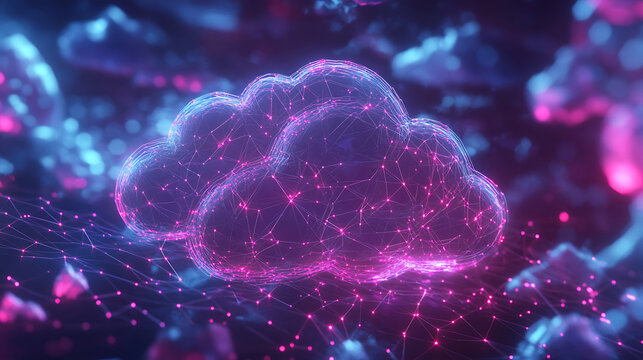 "Futuristic 3D Polygonal Network - Neon Cloud Computing and Blockchain Technology Illustration"