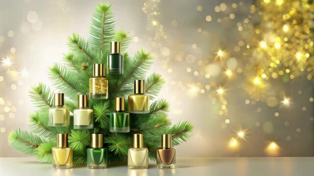 Christmas tree made of golden-green nail polish bottles festive blurred background, cosmetic boutiques advertising banner	