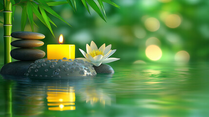 Stacked stones, a lotus flower, and a lit candle in a serene setting