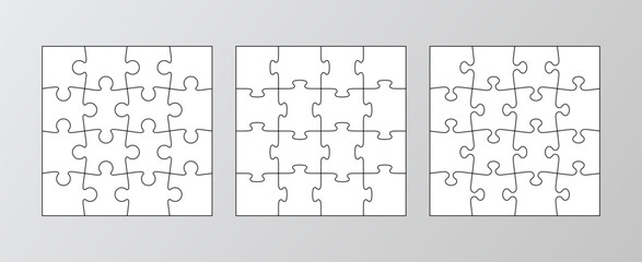 Puzzle grids infographics collection. Puzzle with 16 pieces. Jigsaw business chain infographic. Process diagram presentation. Business info graphic with steps, parts. Vector illustration