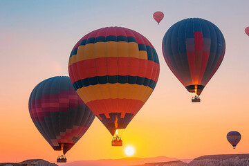Fototapeta premium Young woman man child people pet enjoying the festival of hot air balloons, capturing selfie colorful balloons in the sky